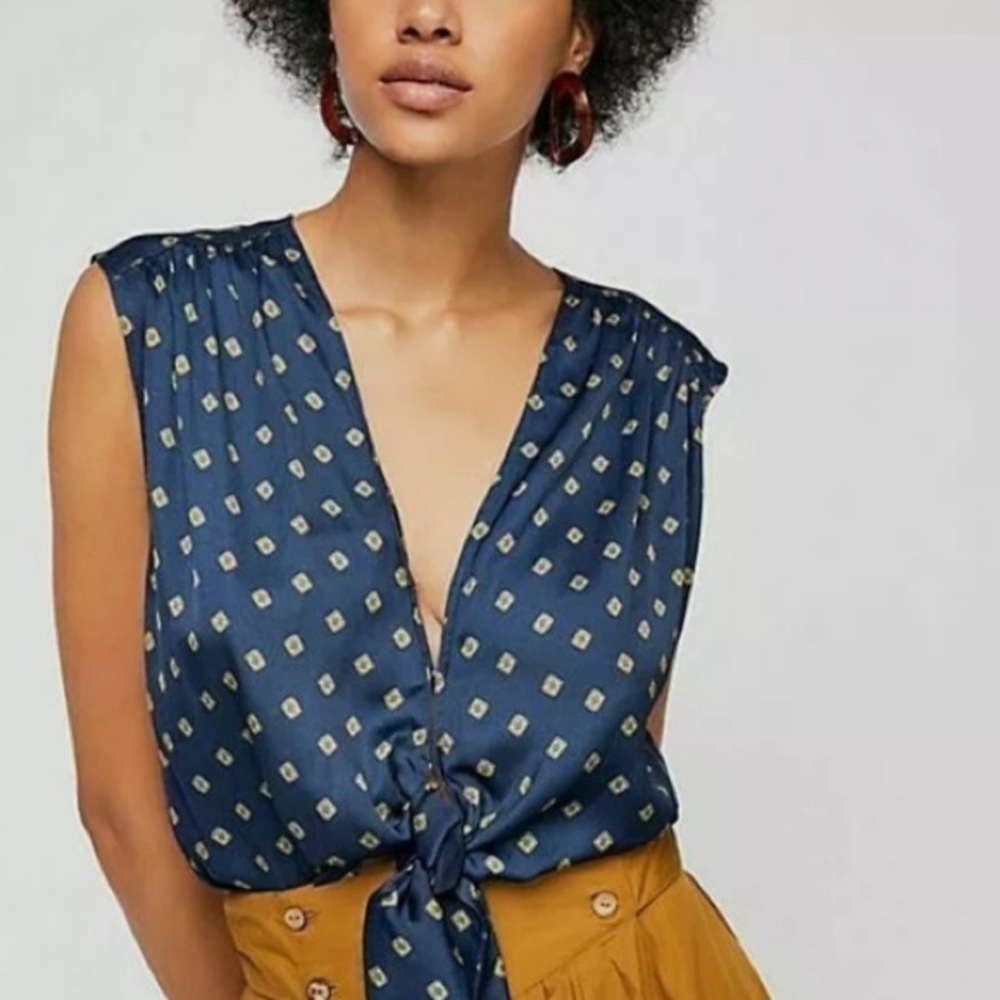 Free People Mornings In Marrakesh Silky Front Tie Top Blue‎ Combo XS